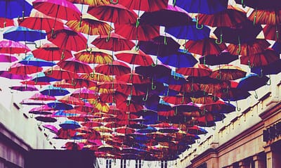 red blue and orange umbrella lot