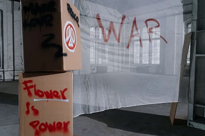 cardboard boxes and a banner